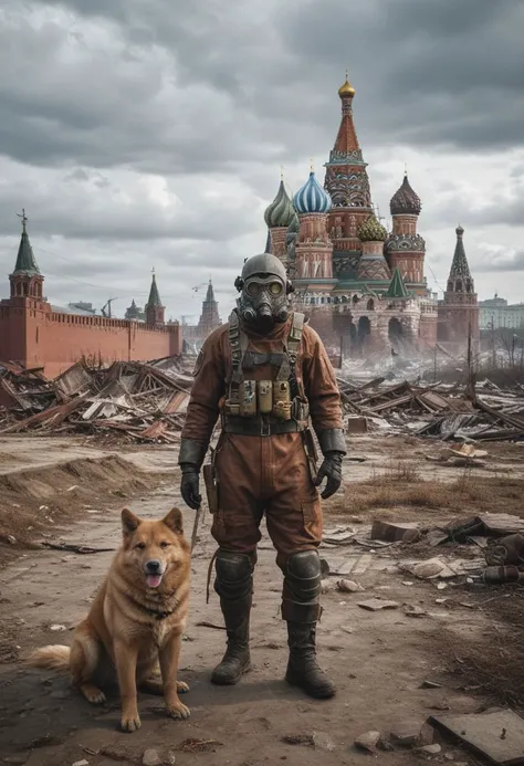 A landscape depicting a post-apocalyptic world where nature has defeated the remnants of civilization. Show abandoned city ruins or wastelands that tell the story of the fall of powerful empires. fallout vault. nuclear strike. Moscow. the Red Square. Kremlin. a man in a protective suit. dog.