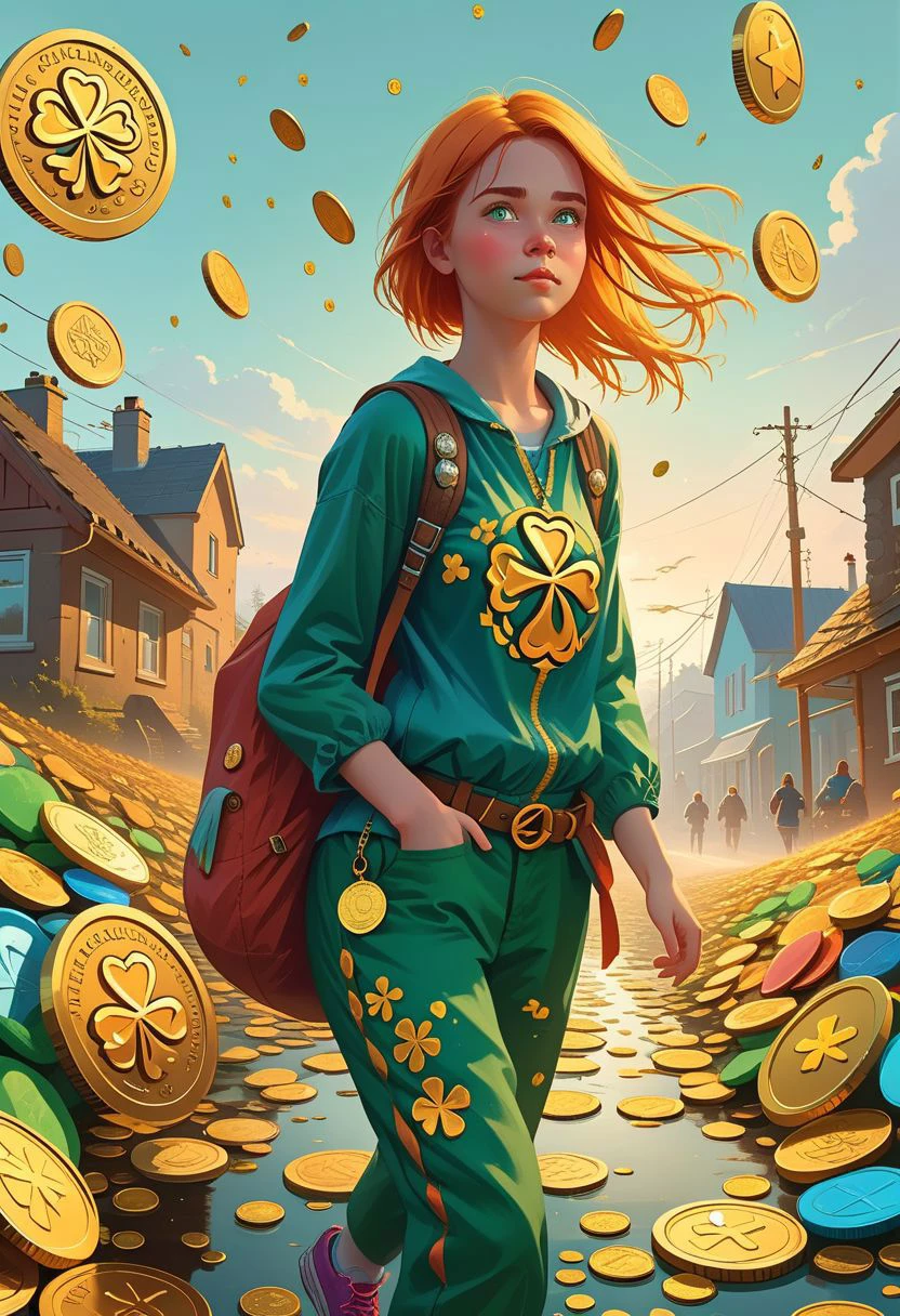 Front 3/4 view portrait IRELAND themed Picture illustration of a cute 20yo girl happily hugging a
massive, translucent, multicolor, human-sized quatrefoil.
Irish celtic symbols and elements are scattered everywhere, even flying on the sky.
Golden coins flows out of the girl's pockets.
A legendary irish small figure is running on the background with a sack full of golden coins.
Many details everywhere. Ray-Tracing. Anti-Aliasing. Realistic reflections. Realistic soft shadows. Moody. Disturbing. Insane quality. Insane resolution. Insane details. Masterpiece.
by Simon Stalenhag.