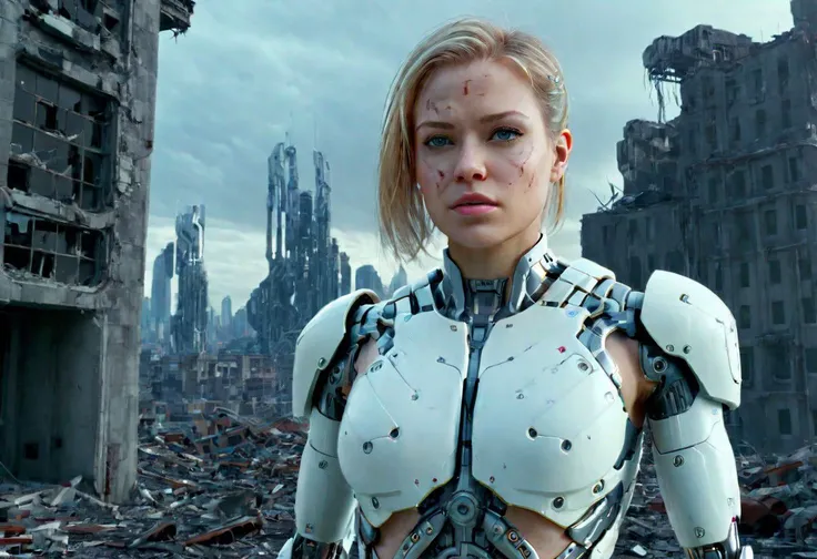 1 white female cyborg, standing pose, perfectly beautiful face, (solo:1.5), full body, from front, blonde hair, 32k UHD resolution, highly detailed, photo realistic, background intricate ruined wasted city, Cinematic Lighting, wide angle exterior background, SK_CINEMATIC