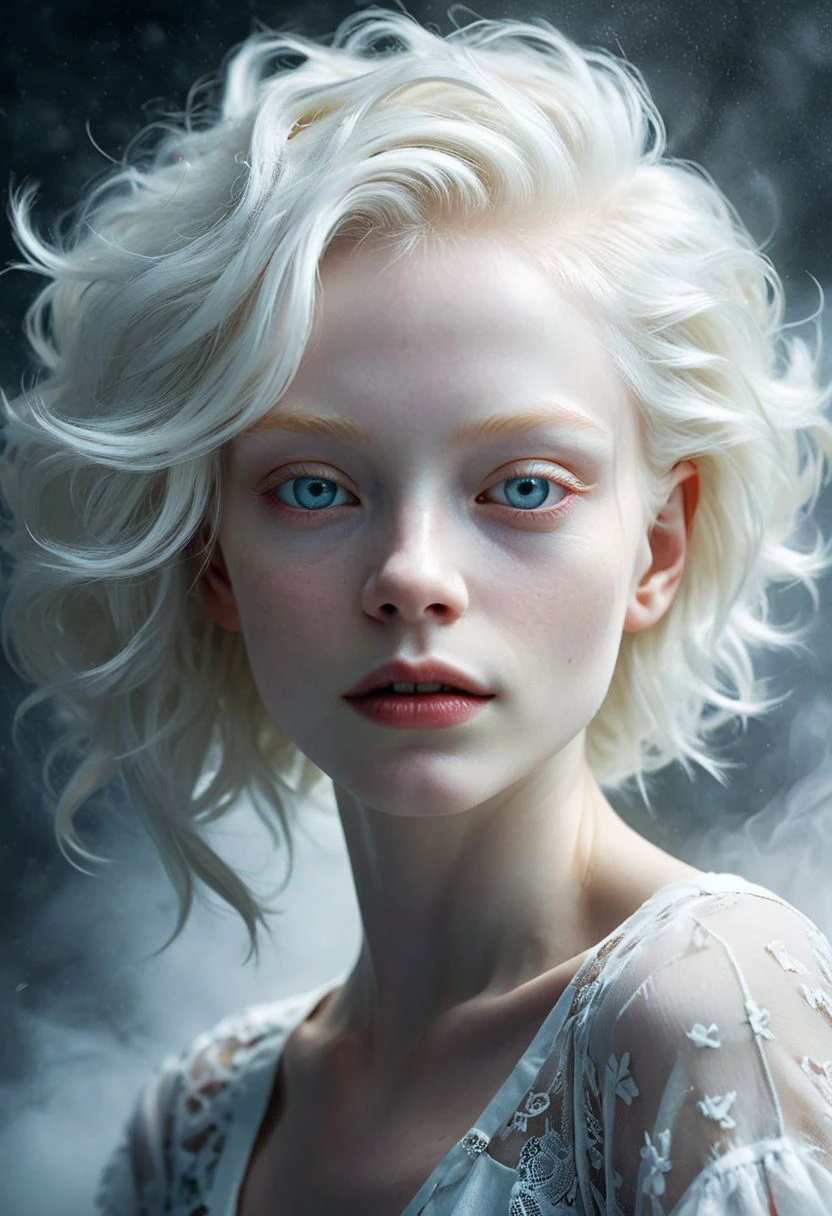 speedpainting Speedpainting, (Dark Fantasy Aesthetic:1.2), (Glamour:1.3) photo of a 20yo, (strikingly beautiful:1.2) vivacious, enigmatic, ethereal, (albino:1.3) (nymph:1.3), (albinism:1.4), Lengthened Rectangular Face with Noticeable Jaw and Cheekbones, Clean, Straight Eyebrows, Wide-Set Close-Set Eyes, Majestic Aquiline Nose, Full Lips, windswept (Fine) (stylish short white hair:1.3), (looking at viewer),(Ashen skin:1.3), (flawless skin:1.3), (shiny skin), diaphanous white dress, high neckline on dress, (foggy:1.4), (bathed in thick fog:1.4), (half-obscured:1.3), (Close up:1.2), Dutch Angle), (dynamic composition:1.2), (shallow depth of field:1.2), bright lighting vibrant, in the style of (Ansel Adams:1.3) (Rule of thirds:1.1)