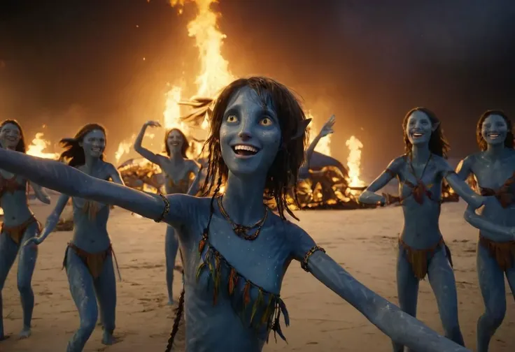 Kiri is dancing in circle of her blue-skinned sisters on beach sand, closeup, hands above the head, smiling, laughing, big eyes wide open, (lit by the flames of bonfires), night, darkness, (torches and campfires on sand), (sea with (((high surf)))) on background, SK_CINEMATIC