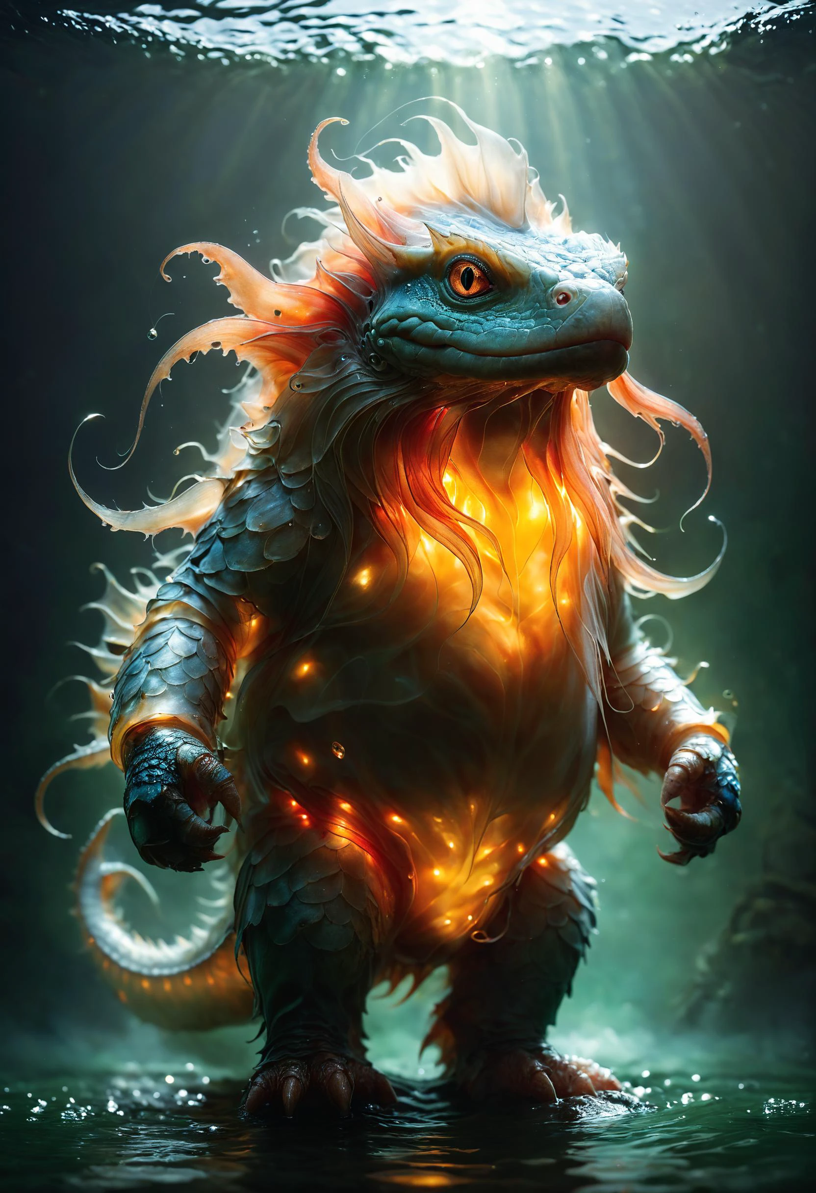 <lora:Mythical_Beasts:0.8> fmb Amphibious creature emerging from murky waters, <lora:SDXLFaeTastic2400:0.8>, Strobe Lighting, <lora:EnvyEleganceXL01s:0.7> elegant, <lora:EnvyFeverDreamXL01a:0.7>