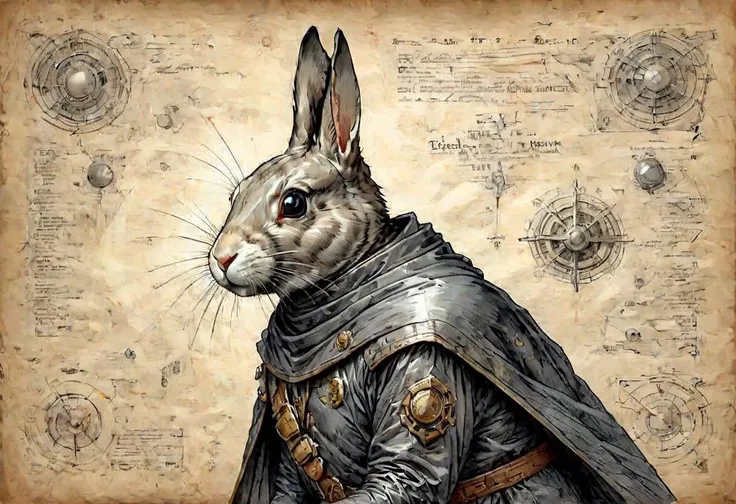 DarkFantasy, sci-fi, high tech, color ((((graphite)))) on parchment, a rabbit dressed like zorro, extremely detailed