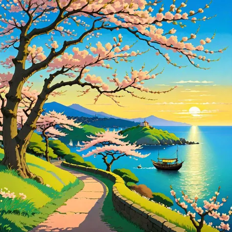 Spring evening, view on the sea, (cherry blossom), style of ghibli, hayao miyazaki, SK_Ghibli