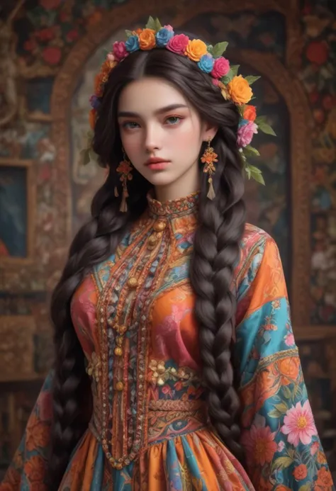 Kitsch maximalism fashion style,1Girl,Beautiful Brazilian woman, long incredibly intricately braided hair, colorful and overdecorated dress