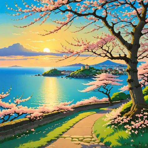 Spring evening, view on the sea, (cherry blossom), style of ghibli, hayao miyazaki, SK_Ghibli