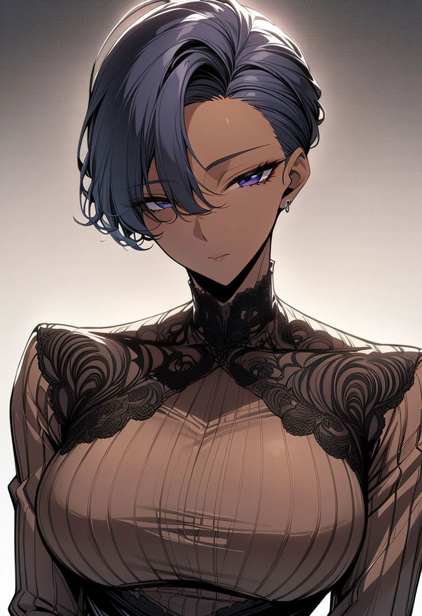1girl,solo,long_sleeve,dark_skin,mature_female,dress,black_hair,undercut, minimal design,(masterpiece,best quality,highres:1.3),detailed,manhwa, detailed_face