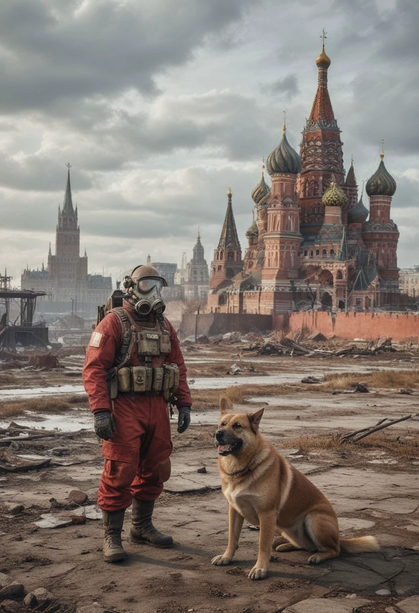A landscape depicting a post-apocalyptic world where nature has defeated the remnants of civilization. Show abandoned city ruins or wastelands that tell the story of the fall of powerful empires. fallout vault. nuclear strike. Moscow. the Red Square. Kremlin. a man in a protective suit. dog.