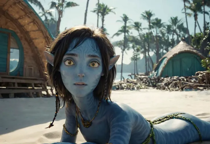 Kiri suntanning on her (side), on beach sand, hand under head, [[closeup]], along, big eyes wide open, (looking at viewer), seaside, huts and trees and (sea with (high surf)) on background, symmetrical eyes, symmetrical pupils, SK_CINEMATIC