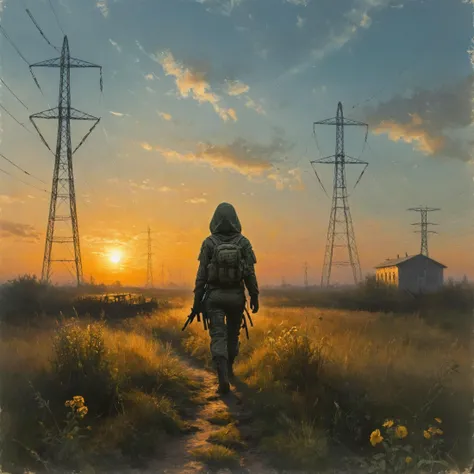 An digital illustration drawing masterpiece with intricate details and the best quality art by, (petrus van schendel) (Hans Larwin) and (dorian cleavenger) with (luis royo), (chernobyl) exclusion zone, clear sky, sunset, late summer, vast meadow, tall grass, wildflowers, train station in the distance, high voltage power lines, prypiat silhouette on the horizon, young attractive stalker woman, walking, in motion, wearing, hooded jacket, kevlar vest, tactical pants, tactical gear, military backpack, thigh holster, delivate face, eyeshadow <lora:Kodak Motion Picture Film Style v4:1> <lora:add_detail:0.8> <lora:aesthetic:0.8> <lora:LaxpeintXL-2.0:0.5> <lora:extremely_detailed:0.5> <lora:Desolation:0.3>
