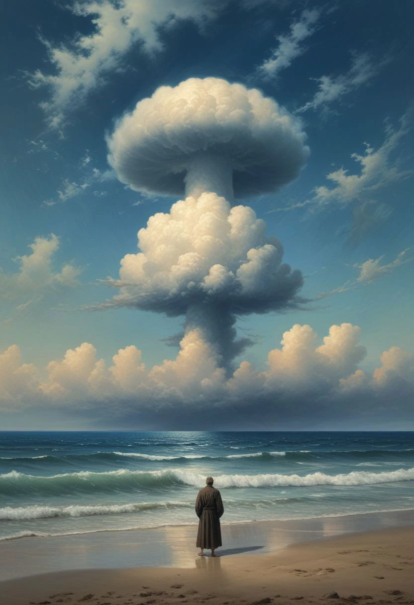 There is a monk standing on the sand. He looks out into the leaden darkness of an immeasurably vast sea. Surprisingly, the gray band of clouds above the water disappears, and the upper edge of the image is filled with blue sky. The modest figure of the monk in front of the greatness of nature and the presence of God is emphasized by the wide expanses of the sea and sky.a masterpiece, Ivan Aivazovsky. clouds in the form of a nuclear mushroom. high detail, intricate, detailed, high resolution, high detail, Extremely high detail resolution, fine texture. Ivan Aivazovsky