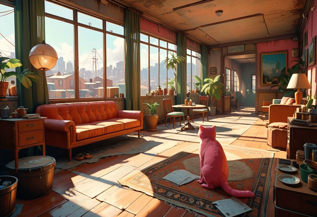 Disco Elysium Style.
Title: "The Pink Cat Vendetta".
Pristine Aesthetic.
Life-like details.
Cinematic.
Dramatic.
Dynamic.
Ironic.
Extremely refined lines and and shapes.
Extremely refined details on objects.
Sharp details.
Wide range of colors.
Many details everywhere. Ray-Tracing. Anti-Aliasing. Realistic soft shadows. Low saturation colors. Insane quality. Insane resolution. Insane details. Masterpiece. 32k resolution.