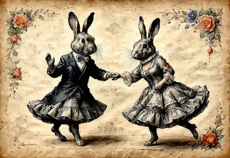 DarkFantasy, color ((((graphite)))) on parchment, two rabbits dressed as flamenco dancers, tango, extremely detailed