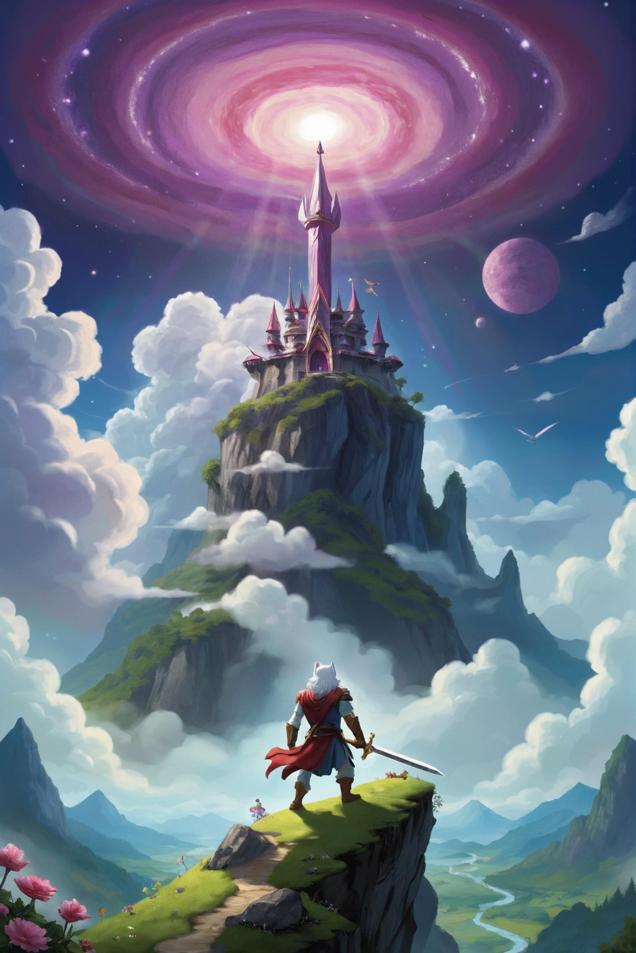 core_9, score_8_up, score_7_up, score_6 rating_explicit
(digital art, high-resolution, detailed texture, atmosphere, colorful illustration, official_art, official_wallpaper)
(award winning, stunning, masterpiece, best quality, very aesthetic, absurdres)
hovering in the clouds is an alien holding his adventurers sword to the sky as a purple floating magical Diamond hovers in foreground in the style of Adventure Time, in the style of Akira Toriyama, in the style of Porco Rosso, vintage animation style, 8k
(natural light, light rays, light particles) <lora:Fant5yP0ny:0.8> <lora:Concept Art Twilight Style SDXL_LoRA_Pony Diffusion V6 XL:0.75> <lora:detailed_notrigger:0.75>