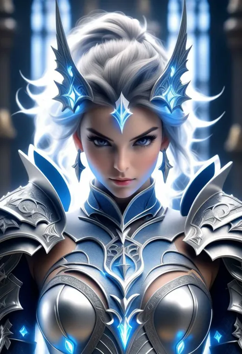 1girl, Witchcraft Armor, silver/blue, Full Armor, (((beautiful, symmetrical eyes, symmetrical face, over-shoulder view, magical background fantasy, beautiful, masterpiece, extremely highly detailed, focused flash photo, amazing quality, best quality, hyper detailed, ultra detailed, HDR, UHD, perfect anatomy, depth of field, dramatic light, detailed atmosphere, volumetric light, high resolution, 8k, highly detailed, photorealistic, dramatic lighting, high quality, exquisite details, delicate atmospheres, intricate details, highly detailed textures))).