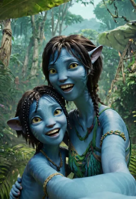 (Kiri) is (making selfie) with hugging (Tuk), closeup, detailed faces, happy playful smiles, [big eyes wide open], in a woods, (((two different))) girls, (((age difference))), jungle all around, SK_CINEMATIC