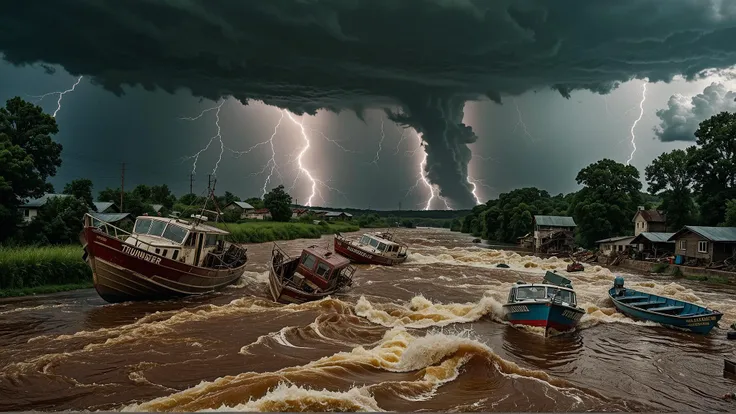 a thunder storm over a dystopic landscape, raging river, sinking boats, apocalyptic, dramatic lighting, highly detailed, (high detailed skin:1.2), vibrant colors, intricate, ultra hd, sharp focus, film grain, Fujifilm XT3 <lora:add-detail-xl:2>