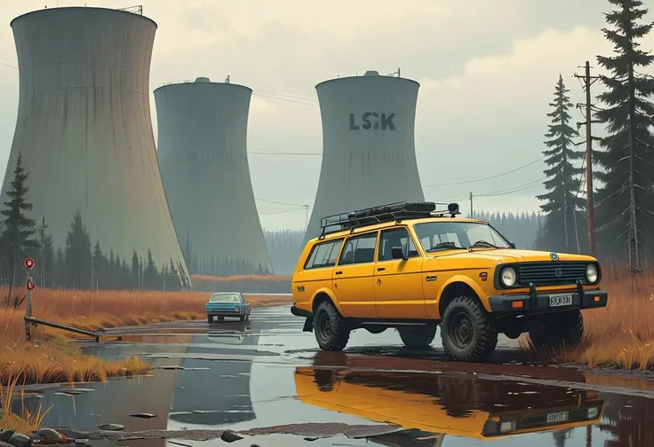 "Happy Week-end At The Nuclear Site".
Many details everywhere. Ray-Tracing. Anti-Aliasing. Realistic reflections. Realistic soft shadows. Slightly desaturated colors. Insane quality. Insane resolution. Insane details. Masterpiece. 32k resolution. Dynamic shot by Simon Stalenhag.