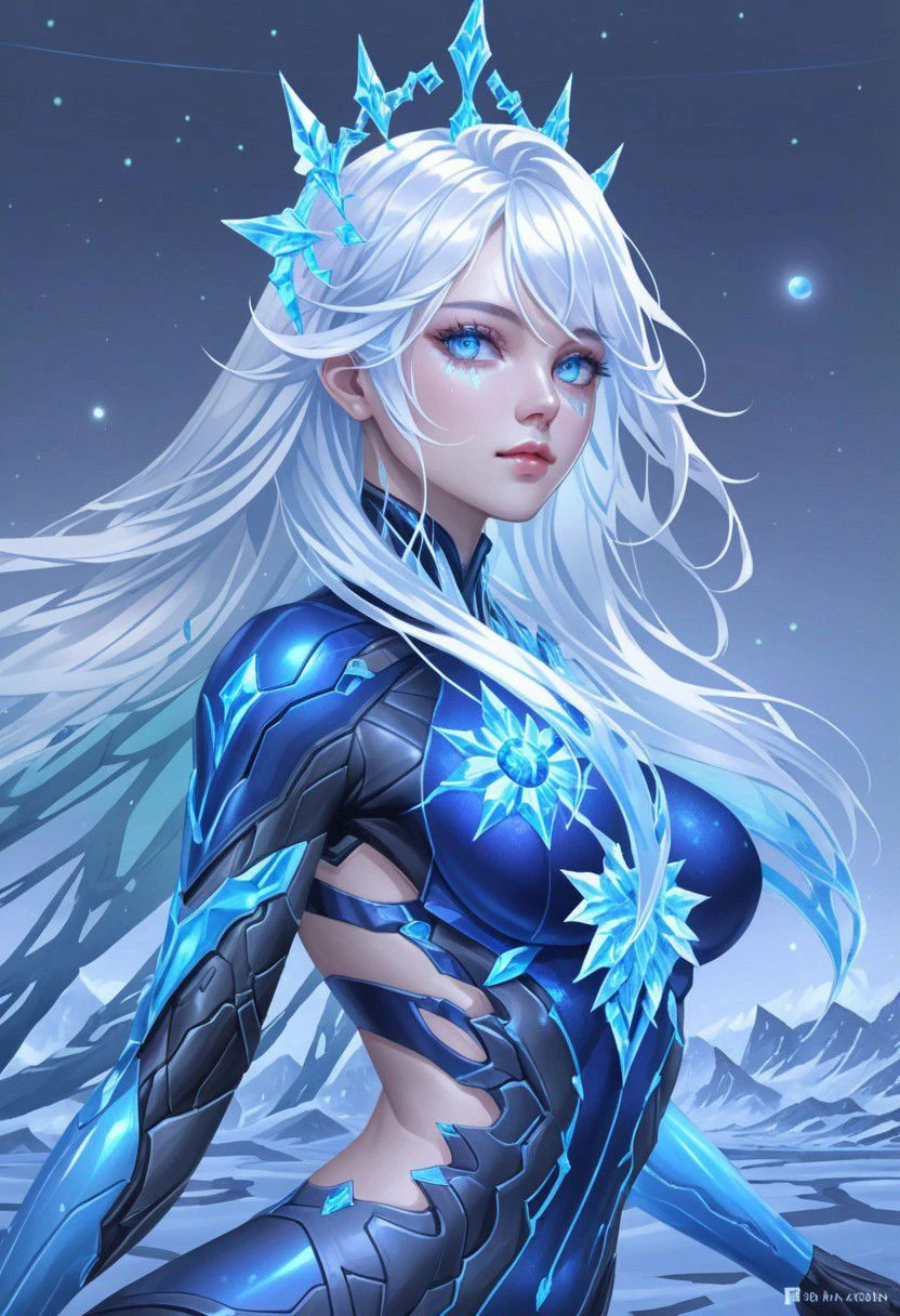 Hyper realistic portrait, Masterpiece, ultra Hd, trending on art station, cinematic lights, dull body Futuristic cyborg Aurora mobile legends((Long flowing white hair, blue eyes)), Ice ornaments, dynamic pose hand above, Cyberpunk theme, detailed ice,detailed ice ornaments, detailed face, detailed eyes, detailed pupils, detailed fingers, detailed hair, detailed iced ornaments, OverallDetail, extremely detailed, Aurora mobile legends, SK_Ghibli, By bad artist, SK_Cyberpunk