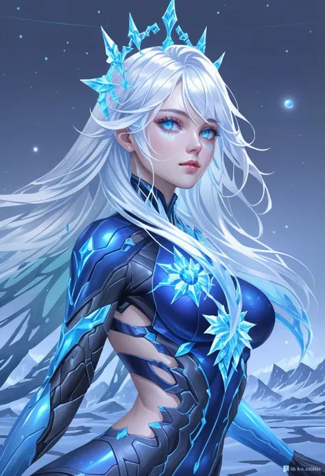 Hyper realistic portrait, Masterpiece, ultra Hd, trending on art station, cinematic lights, dull body Futuristic cyborg Aurora mobile legends((Long flowing white hair, blue eyes)), Ice ornaments, dynamic pose hand above,  Cyberpunk theme, detailed ice,detailed ice ornaments, detailed face, detailed eyes, detailed pupils, detailed fingers, detailed hair, detailed iced ornaments, OverallDetail, extremely detailed, Aurora mobile legends, SK_Ghibli, By bad artist, SK_Cyberpunk