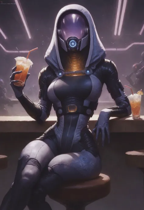 An [panorama] digital illustration (sci-fi) drawing masterpiece, intricate details and the best quality art by, (petrus van schendel) (Hans Larwin) and (dorian cleavenger) with (luis royo),  (tali zorah), mass effect, tight suit, opaque visor, full dressed, hourglass figure, wide hips, slim, skinny, narrow waist, long skinny legs, drunk, fuzzy, sitting on a bar bar stool, holding a drink with a drinking straw, sci-fi, futuristic modern cyberpunk bar, sterile, clean <lora:add_detail:0.8>  <lora:aesthetic:0.8>  <lora:LaxpeintXL-2.0:0.5> <lora:extremely_detailed:0.5>  <lora:Desolation:0.3>