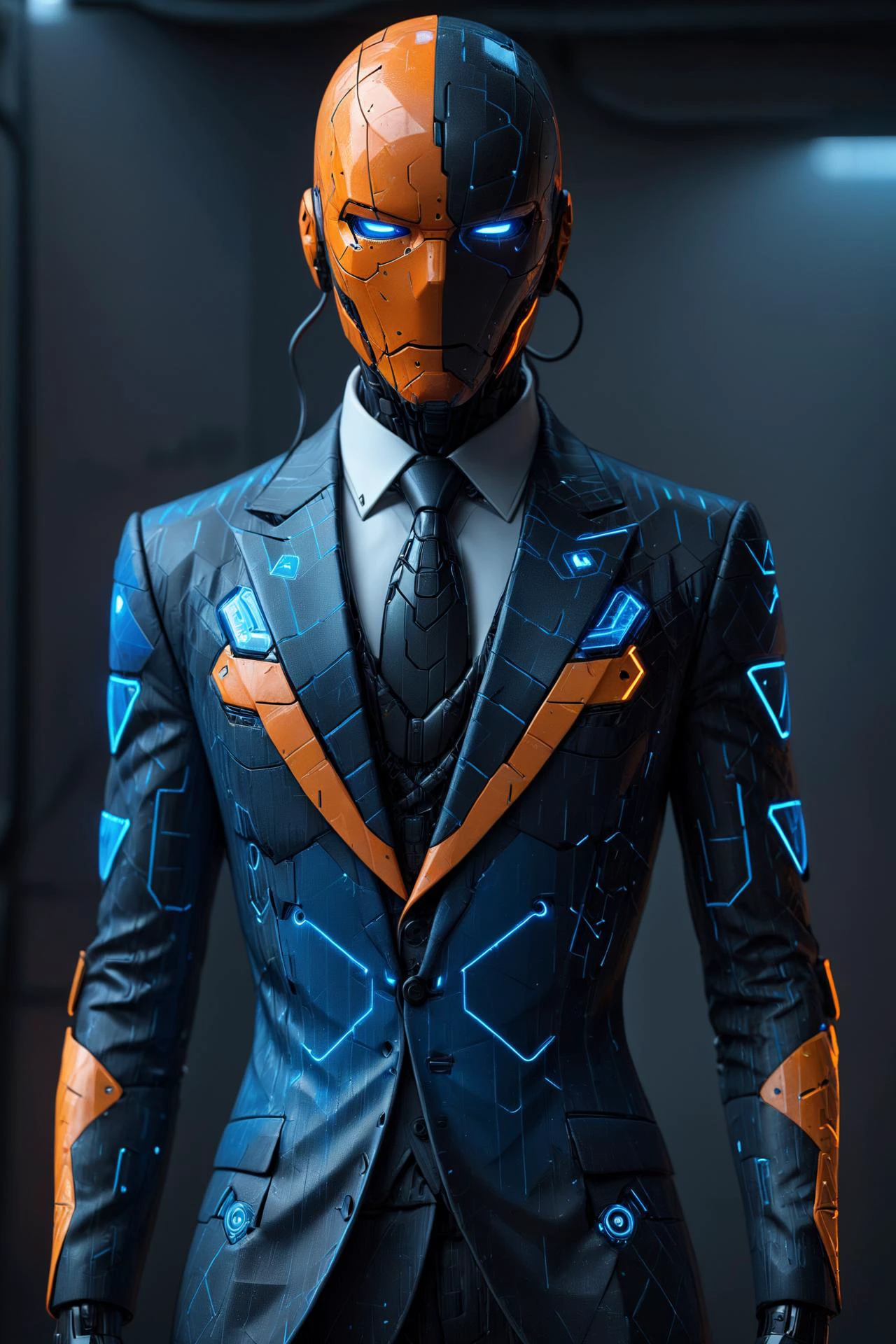 <lora:Faceless_Cyborgs:0.6> (noface:1.4), cyborg painted in blue and orange mad-triangles wearing a black suit <lora:Colorful_Triangles_SDXL:0.6> cyberpunk background, neon lights, depth of view ziprealism, <lora:EnvyBetterHiresFixXL01:1>, RAW photo, subject, 8k uhd, dslr, soft lighting, high quality, film grain, Fujifilm XT3