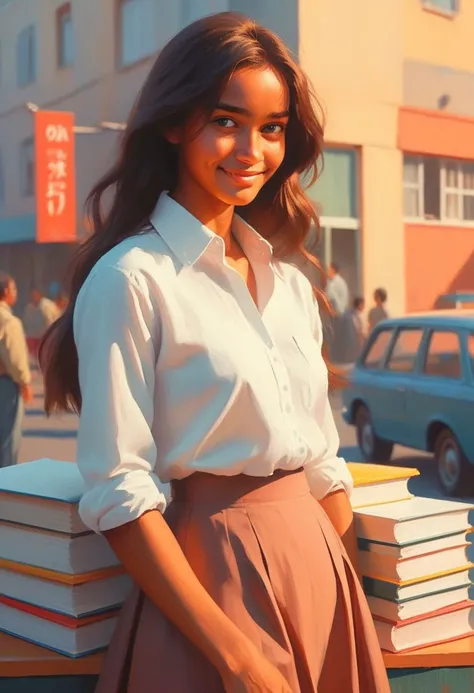 "Ilya Kuvshinov" style.
Hyper-Stereotypical 90' high-school 18yo
girl in educated outfit,
stunning, beautiful, long hair, medium skirt, white polo shirt, super shy, super cute, blushing, looking at the viewer while holding school books with both arms.
Looking at the viewer while smiling.
Looking at the viewer while smiling.
Looking at the viewer while smiling.
Looking at the viewer while smiling.
Looking at the viewer while smiling.
Dark skinned, african-brazilian.
Dusk.
Long shadows.
By "Simon Stalenhag".
Life-like details.
Cinematic.
Dramatic.
Dynamic.
Extremely refined lines and and shapes.
Extremely refined details on objects.
Sharp details.
Wide range of colors.
Many details everywhere. Ray-Tracing. Anti-Aliasing. Realistic soft shadows. Low saturation colors. Insane quality. Insane resolution. Insane details. Masterpiece. 32k resolution.