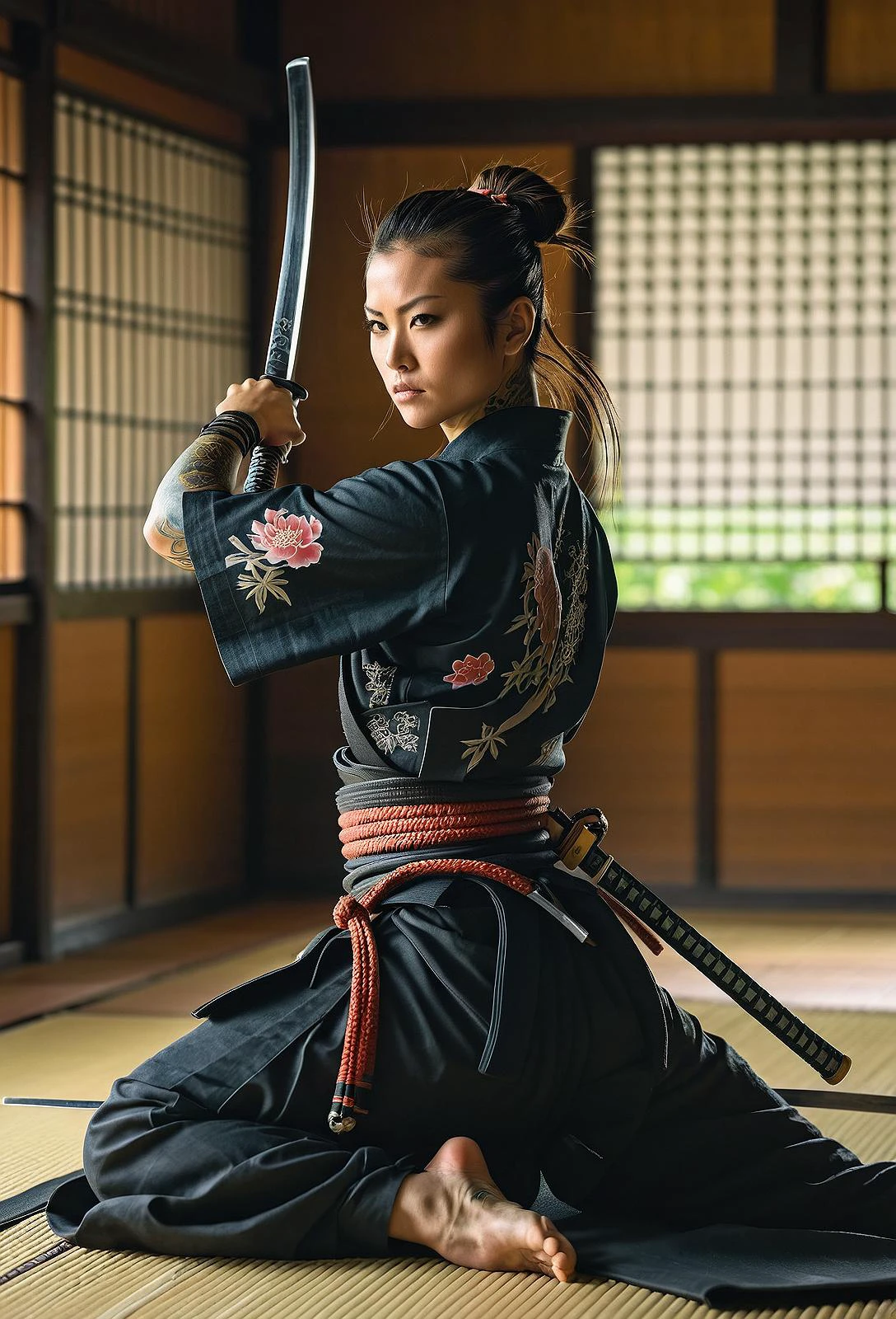 dynamic pose, beautiful female samurai sitting in a dojo and holding a katana, sword grip, tattoos, RAW photo, (masterpiece:1.5) <lora:add-detail-xl:1.5>