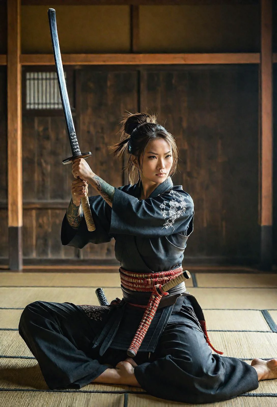 dynamic pose, beautiful female samurai sitting in a dojo and holding a katana, sword grip, arms up, from behind, Bare shoulders and back, tattoos on the back, RAW photo, (masterpiece:1.5) <lora:add-detail-xl:1.5>