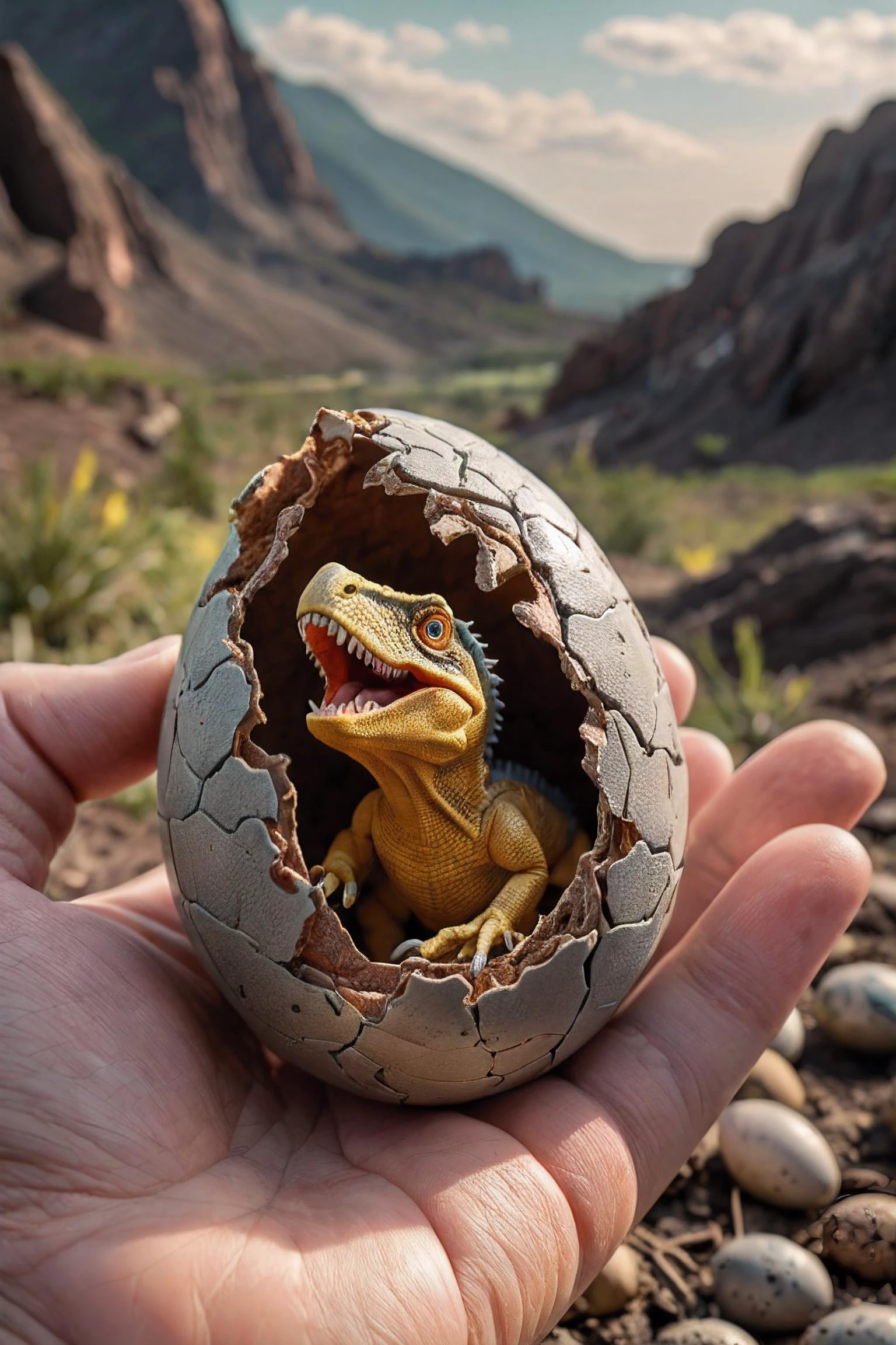 a hand holding a small dinosaur hatching from an egg, sitting inside of a cracked egg shell, yellow eyes, primeval landscape, photorealistic, hd, dramatic lighting, Intricate, vibrant colors, highly detailed, centered, sharp focus, RAW photo, high quality, film grain, Fujifilm XT3 <lora:add-detail-xl:2>