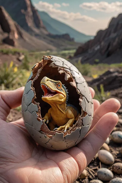 a hand holding a small dinosaur hatching from an egg, sitting inside of a cracked egg shell, yellow eyes, primeval landscape, photorealistic, hd, dramatic lighting, Intricate, vibrant colors, highly detailed, centered, sharp focus, RAW photo, high quality, film grain, Fujifilm XT3 <lora:add-detail-xl:2>