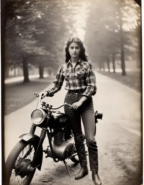 <lora:Albumen Print:0.9> (Albumen Print page, black and white old vintage rare photo:1.1), (1911, 21-year-old woman wearing plaid shirt and jeans, outdoors with motorcycle:1.1), Dramatic Lighting, 8k, (Kodak 616 Junior Camera, Æ/2.8, ISO 51200, 35mm lens), (detailed:1.1), (dim light), visible film grain, (sharp focus:1.2) <lora:offset_0.2:0.6:lbw=MIDD>