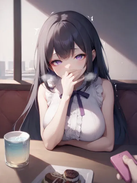 score_9, score_8_up, source_anime, masterpiece, best quality, by momoko _\(momopoco\),
1girl, 1boy, large breasts, black hair, long hair, frills, neck ribbon, sleeveless, purple eyes, white dress,
sitting, restaurant, table, food, dessert, (pov across table), dating, indoor, pov, covering own mouth, torogao, female orgasm, trembling, heavy breathing
pov hand, holding remote control, implied vibrator
<lora:4th_tail_v0.4.0_lora_extr_l:1.5>, <lora:PONYXL_CONCEPT_PovDating_ownwaifu:1>