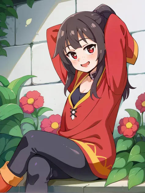 (by akai sashimi) score_9, score_8_up, score_7_up, score_6_up, (Megumin:1), blue archive, 1girl, solo, full body, looking at viewer, sitting, vases with flowers, from side, from behind, arms up, crossed legs,
BREAK detailed face, detailed eyes, blue eyes, red pupils, blue hair, long hair, ponytail, freckles, saliva, smile, open mouth,
BREAK black leggings, black sports bra, front-tie top, covered abs, linea alba, small breasts, <lora:4th_tail_v0.3_lora_extract_l:1>