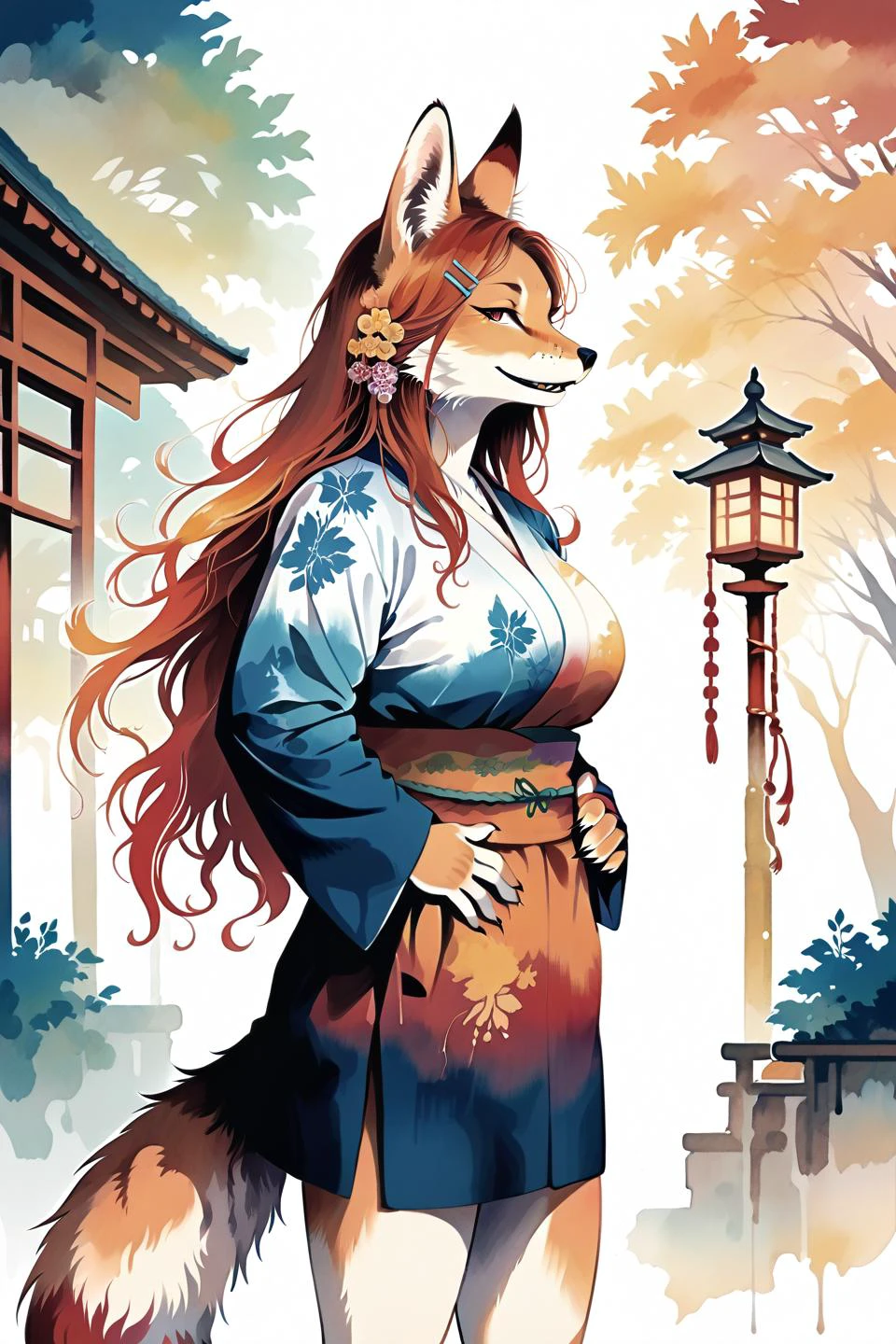 score_9, score_8_up, score_7_up, score_6_up, source_anime, source_furry, (flat color:1.3),
furry female, fox girl, solo, furry, cowboy shot, feet out of frame, from side, detailed background, old japanese town, old japanese street,
long hair, orange hair, orange fur, silver hairclip,
animal ears, fox ears, animal ear fluff,
red eyes, slit pupils,
smile, open mouth, parted lips, fang,
(dark red fur on hands), hands on own hips,
large breasts, neckline,
red short kimono, long sleeves, (bare legs:1.2),
<lora:4th_tail_v0.3_lora_extract_l:1> <lora:joschek-colorsplash-pony:1>