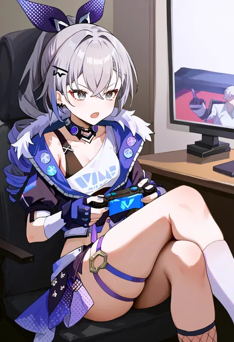by simao \(x x36131422\),by mochirong,(score_9,score_8_up,score_7_up),best quality, masterpiece,source anime,<lora:4th_tail_v0.4.0_lyco_extract_l:1>,
<lora:SilverWolfV1:1> silver wolf \(honkai: star rail\),drill hair, grey eyes, grey hair, light blush, long hair, sitting, angry, open mouth,middle finger,game controller,