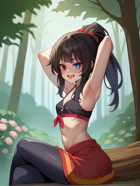 (by as109), score_9, score_8_up, score_7_up, score_6_up, (Megumin:1.2), blue archive, 1girl, solo, full body, looking at viewer, sitting, forest, big log, flowers, from side, from behind, arms up, crossed legs,
BREAK detailed face, detailed eyes, heterochromia, red eye, blue eye, red pupils, split-color hair, black hair, blue hair, long hair, ponytail, freckles, saliva, smile, open mouth,
BREAK black leggings, black sports bra, front-tie top, covered abs, linea alba, small breasts, <lora:4th_tail_v0.3_lora_extract_l:1>