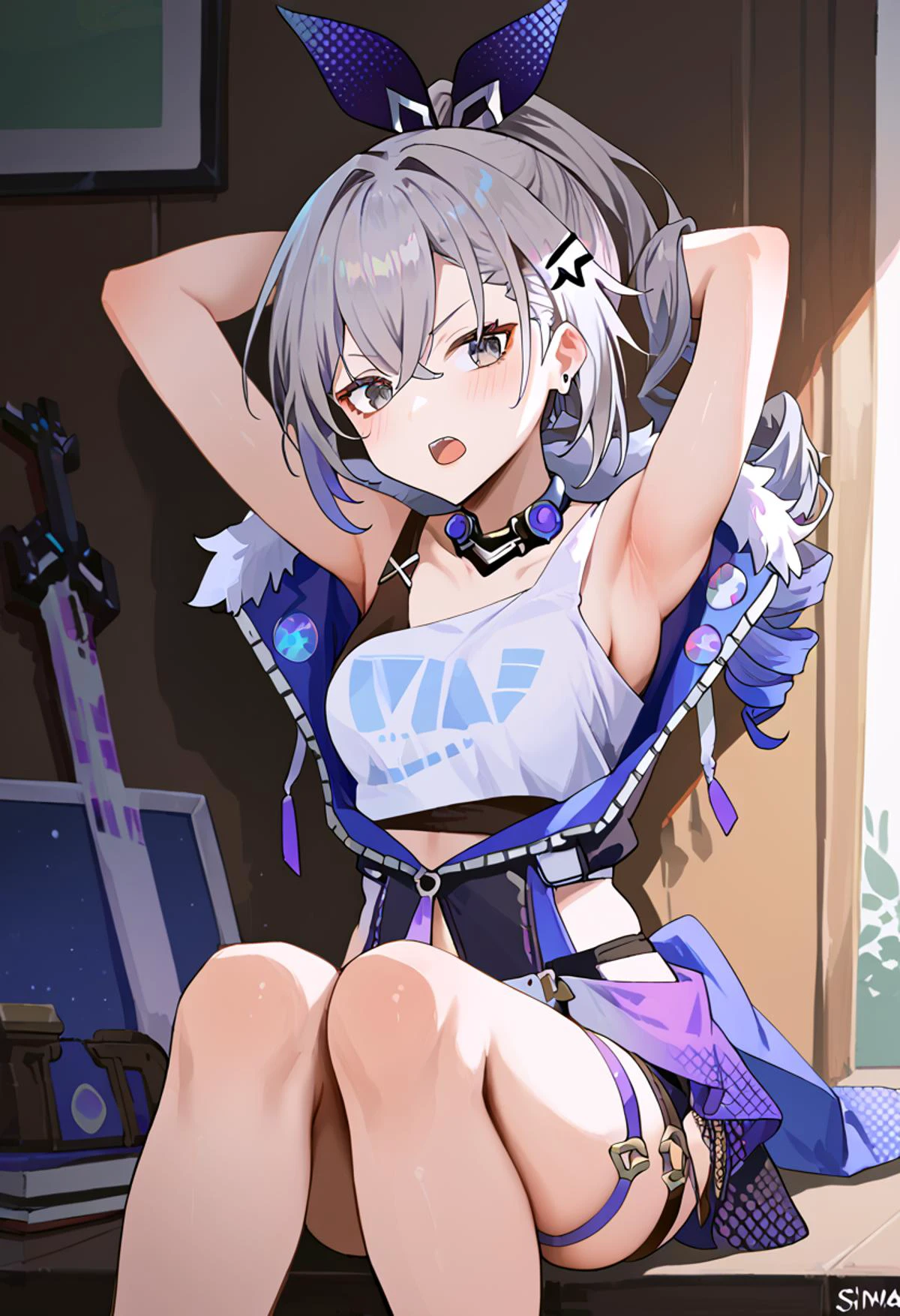 by simao \(x x36131422\),by mochirong,(score_9,score_8_up,score_7_up),best quality, masterpiece,source anime,<lora:4th_tail_v0.4.0_lyco_extract_l:1>,
<lora:SilverWolfV1:1> silver wolf \(honkai: star rail\),drill hair, grey eyes, grey hair, light blush, long hair, sitting, angry, open mouth,arms up,