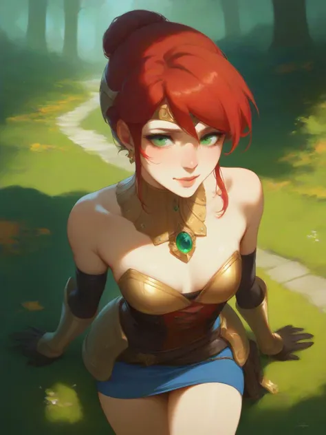 score_9, score_8_up, score_7_up, ultra detailed, solo, anime woman, pyrrha nikos, red hair, green eyes, armor, standing, sad smile, small chest, forwarding hand, pov (autumn forest on background), detailed face, <lora:Pyrrha:1>  <lora:Expressive_H:1> <lora:4th_tail_v0.3_lora_extract_l:1>