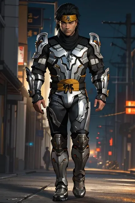 Takeda_Takahashi_KX, solo, black hair, 1boy, standing, full body, male focus, headband, science fiction, realistic, white metal armor, (iron armor), <lora:Takeda_Takahashi_KX:1>, ultra realistic,32k,RAW photo,(high detailed skin:1.2), 8k uhd, dslr, soft lighting, high quality, film grain