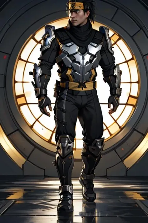 Takeda_Takahashi_KX, solo, black hair, 1boy, standing, full body, male focus, headband, science fiction, realistic, white metal armor, (iron armor), <lora:Takeda_Takahashi_KX:1>, ultra realistic,32k,RAW photo,(high detailed skin:1.2), 8k uhd, dslr, soft lighting, high quality, film grain