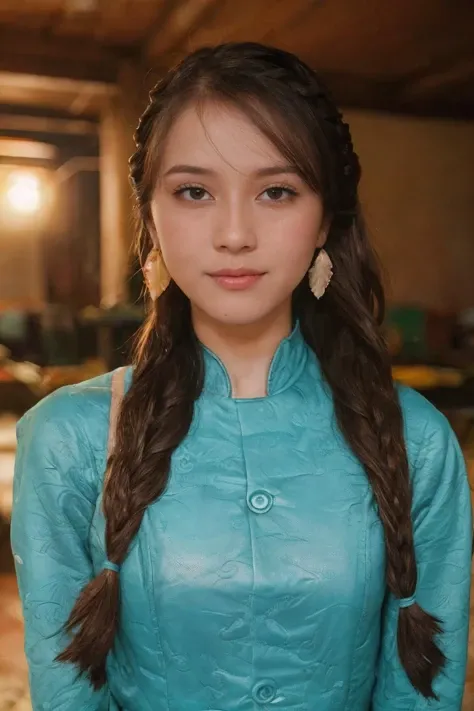 analog film photo , solo, realistic, ((indonesian woman)), (((brunette hair, waterfall braid:1.2))), (((smug:1.2))), (((neon skyblue leather  quilting pattern ,  jupon  , blue chalcedony feather earrings))), ((On a 1950s Assembly Line: Blue uniforms, conveyor belts)), ((dynamic pose)), high detailed, 8k, clear facial features, <lora:ReaLora:.2> skin <lora:[ID]_-_Viorenita_Sutanto:1> viorenita <lora:CStyle_-_Photography_Style:.2> cstyle     . faded film, desaturated, 35mm photo, grainy, vignette, vintage, Kodachrome, Lomography, stained, highly detailed, found footage