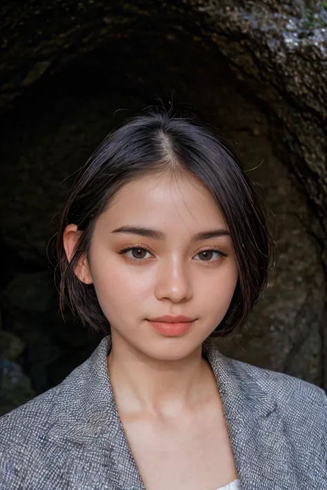 analog film photo solo, realistic, gstyle, ((indonesian woman)), ((<lora:[ID]_-_Catherine_Alicia:1> catheez)), (((small lips:1.1))), (((Teasing, A playful smirk, a raised eyebrow, and a hint of dominance.:1.2))), (((Cropped wool-blend blazer))), ((cavern, mysterious darkness, impressive stalactites)), ((dynamic pose)), PA7_Human-Likeness, PA7_Photo, PA7_Portrait-HL_v2, high detailed, 8k, clear facial features, <lora:PAseer-SD15-LCM Quick:1> <lora:ReaLora:.2> skin <lora:GStyle_-_Photography_Style:.4>      . faded film, desaturated, 35mm photo, grainy, vignette, vintage, Kodachrome, Lomography, stained, highly detailed, found footage
