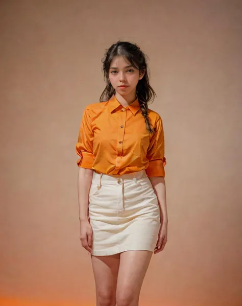 analog film photo solo, realistic, gstyle, ((indonesian woman)), ((<lora:[ID]_-_Melinda_Rohita:1> meyden)), (((medium twintail))), (((Stoic, Expressionless face with a neutral mouth and a neutral gaze.:1.2))), (((A-line skirt, button-down shirt))), ((Simple Light Orange background:1.5)), ((dynamic pose)), PA7_Human-Likeness, PA7_Photo, high detailed, 8k, clear facial features, <lora:PAseer-SD15-LCM Quick:1> <lora:ReaLora:.2> skin <lora:GStyle_-_Photography_Style:.4>  . faded film, desaturated, 35mm photo, grainy, vignette, vintage, Kodachrome, Lomography, stained, highly detailed, found footage