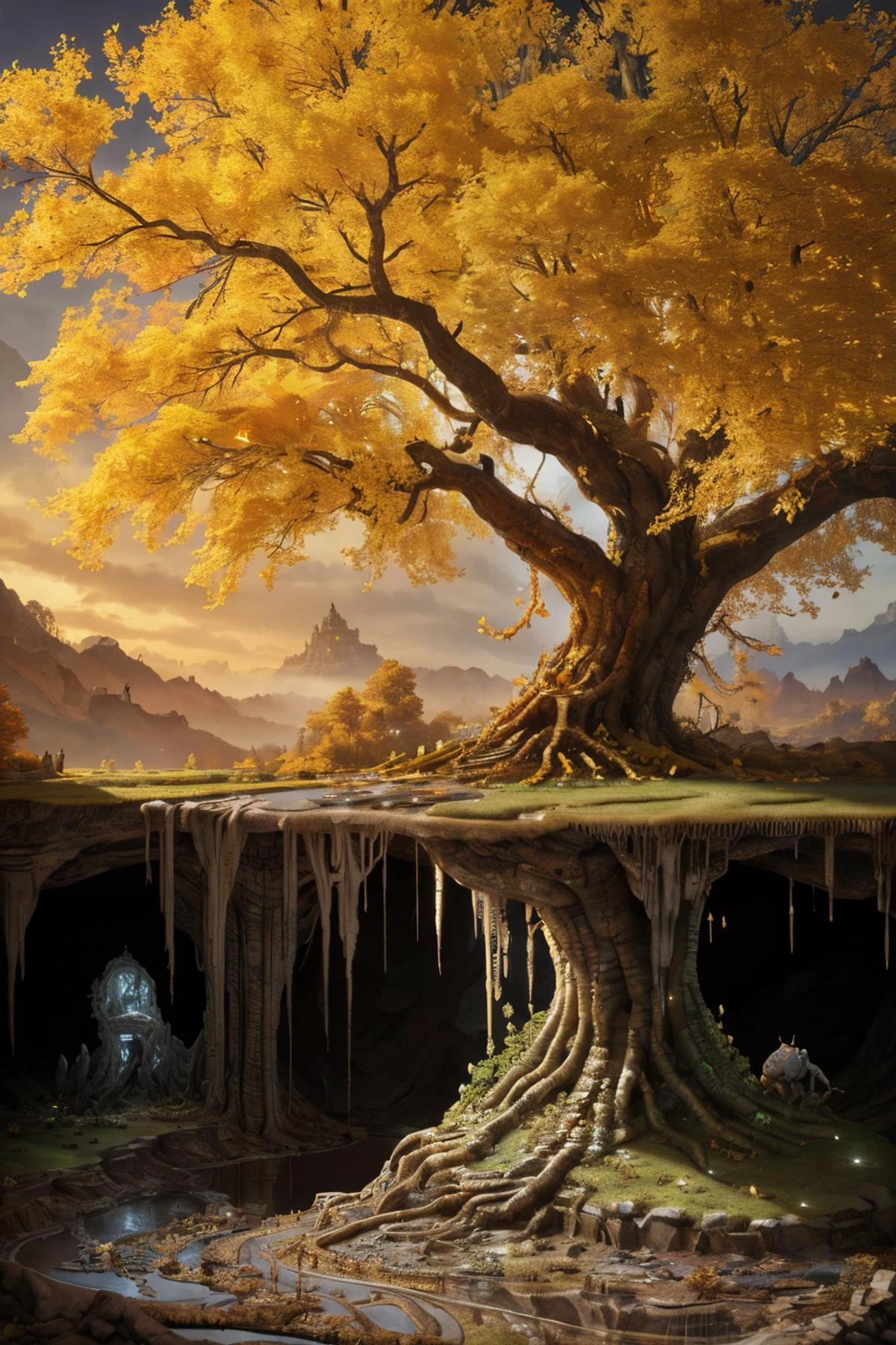 csu, cross-section, from side, fantasy landscape , masterpiece, best quality, CG, wallpaper, HDR, high quality, high-definition, extremely detailed ,
a golden tree, tree hollow, branches, golden falling leaves, no humans, , csu, cross-section, from side, fantasy landscape , masterpiece, best quality, CG, wallpaper, HDR, high quality, high-definition, extremely detailed ,
underground, roots, burrow, cave, darkness, corruption, rot, (too many ants), fish, (mud, stagnant water), dimly lit, <lora:Cross_section_underground:0.3> <lora:eldenRingStyle_v3:0.7>