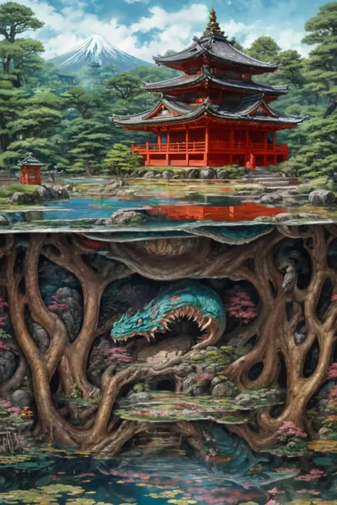 csu, underground, cross-section, from side, japanese temple on a pond, monster lurking in the water beneath, bright colors, colorful <lora:Cross_section_underground:0.8>, (masterpiece:1.2), best quality, (hyperdetailed, highest detailed:1.2), high resolution textures