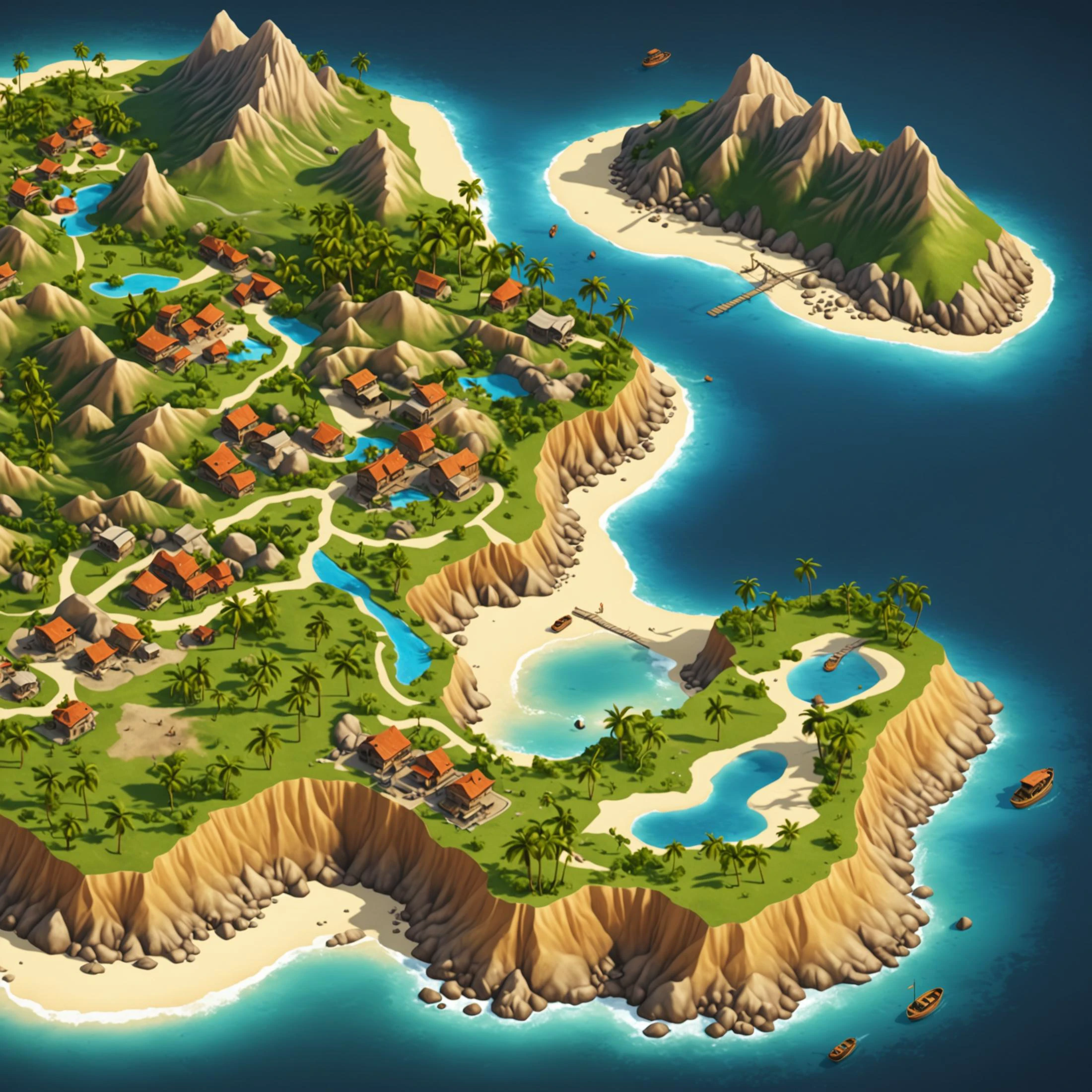 colored map of uninhabited island, fantasy world, isometric map, csu, city, lake, mountain, sea beach, palm trees,
absurdres, detailed, realistic render,
<lora:CSU_SDXL_test1:0.5>