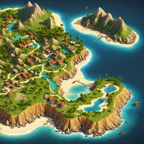 colored map of uninhabited island, fantasy world, isometric map, csu, city, lake, mountain, sea beach, palm trees,
absurdres, detailed, realistic render,
<lora:CSU_SDXL_test1:0.5>