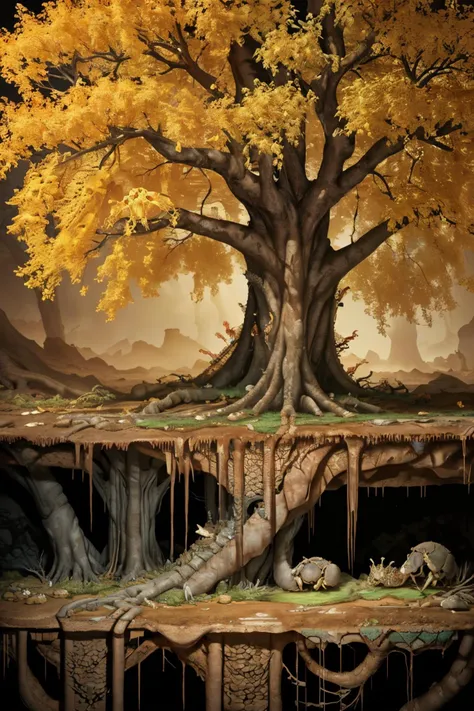 csu, cross-section, from side, fantasy landscape , masterpiece, best quality, CG, wallpaper, HDR, high quality, high-definition, extremely detailed ,
a golden tree, tree hollow, branches, golden falling leaves, no humans, , csu, cross-section, from side, fantasy landscape , masterpiece, best quality, CG, wallpaper, HDR, high quality, high-definition, extremely detailed ,
underground, roots, burrow, cave, darkness, corruption, rot, (too many ants), fish, (mud, stagnant water), dimly lit, <lora:Cross_section_underground:0.9> <lora:eldenRingStyle_v3:0.7>