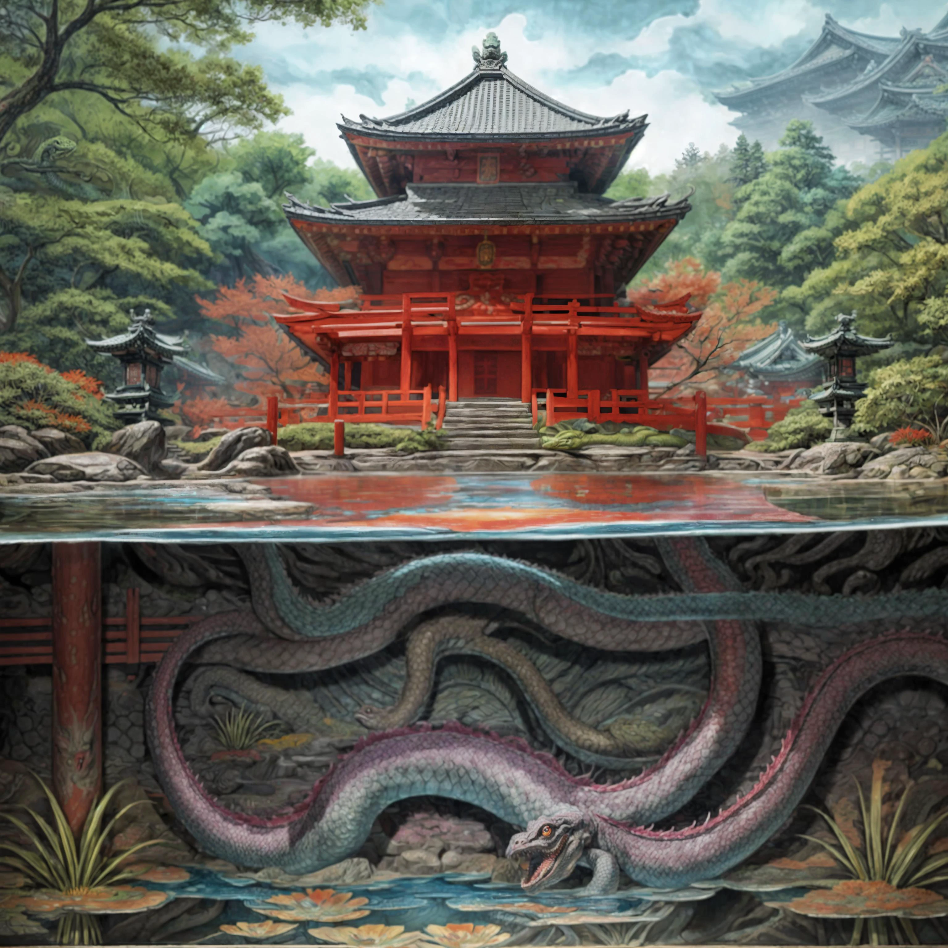 csu, underground, cross-section, from side, japanese temple on a pond, snake monster lurking under the water surface, bright colors, colorful<lora:more_details:1> <lora:Cross_section_underground:0.8> <lora:sharpening_B_1.1:1>, (masterpiece:1.2), best quality, (hyperdetailed, highest detailed:1.2), high resolution textures,